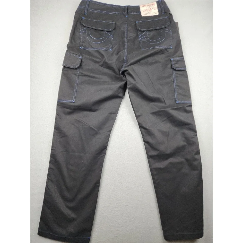 True Religion Cargo Pants Mens 34x31 Black Blue Stitch Canvas Utility Pockets